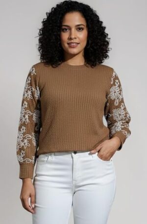 Women’s Textured Knit Top with Embroidered Lace Sleeves