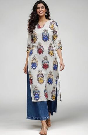 Women Printed, Tribal, Kalamkari, Abstract Khadi Cotton Kurti.